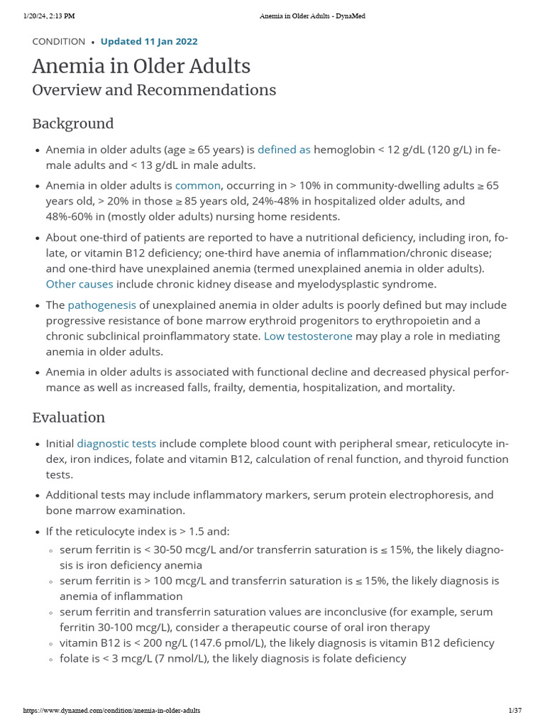 Anemia in Older Adults - DynaMed - Compressed | PDF | Anemia | Tissue ...