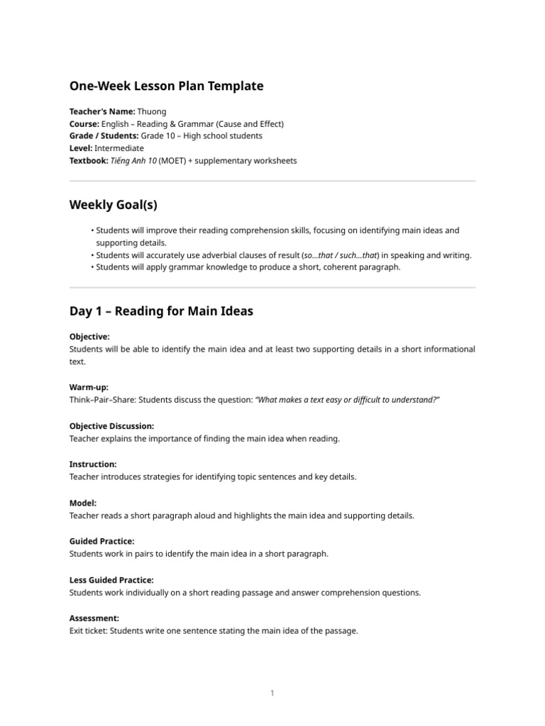 One-Week Lesson Plan - English Grade 10 | PDF | Reading Comprehension ...