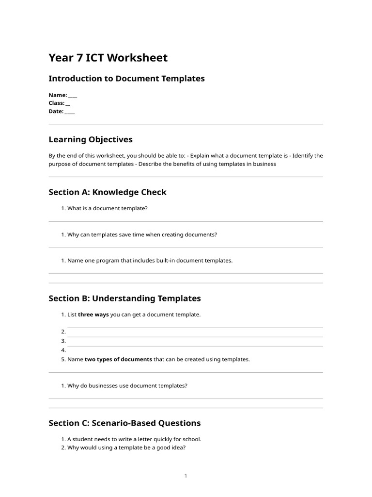 Year 7 Ict Worksheet – Introduction to Document Templates | PDF