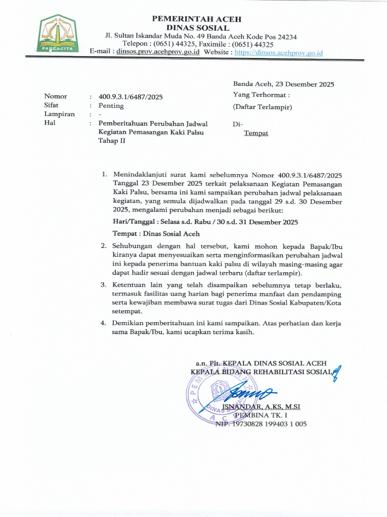 Surat Ralat Kegiatan Pemasangan Kaki Palsu | PDF