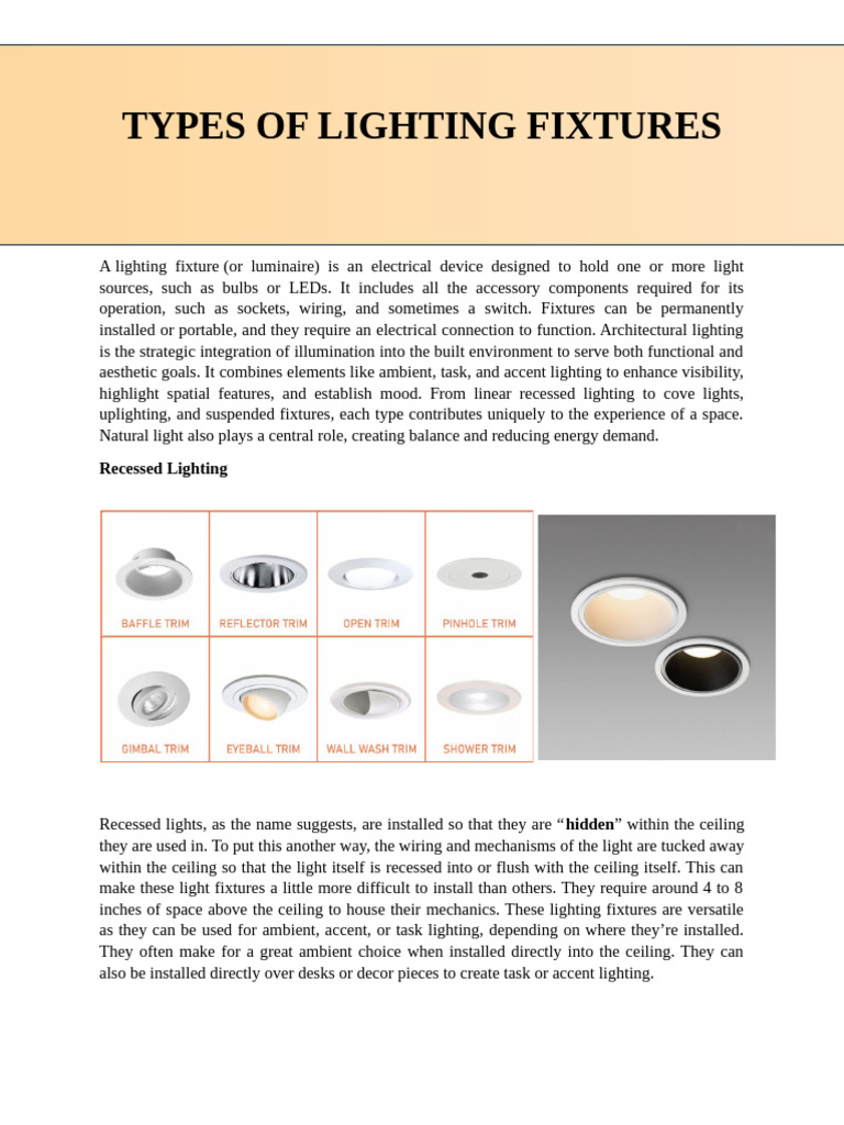 Types of Lighting Fixtures | PDF | Lighting | Compact Fluorescent Lamp