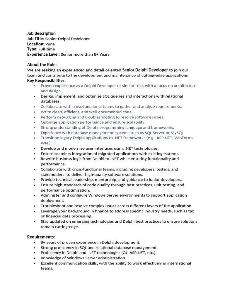 Job Description Senior Delphi Developer | PDF | Databases | Software ...