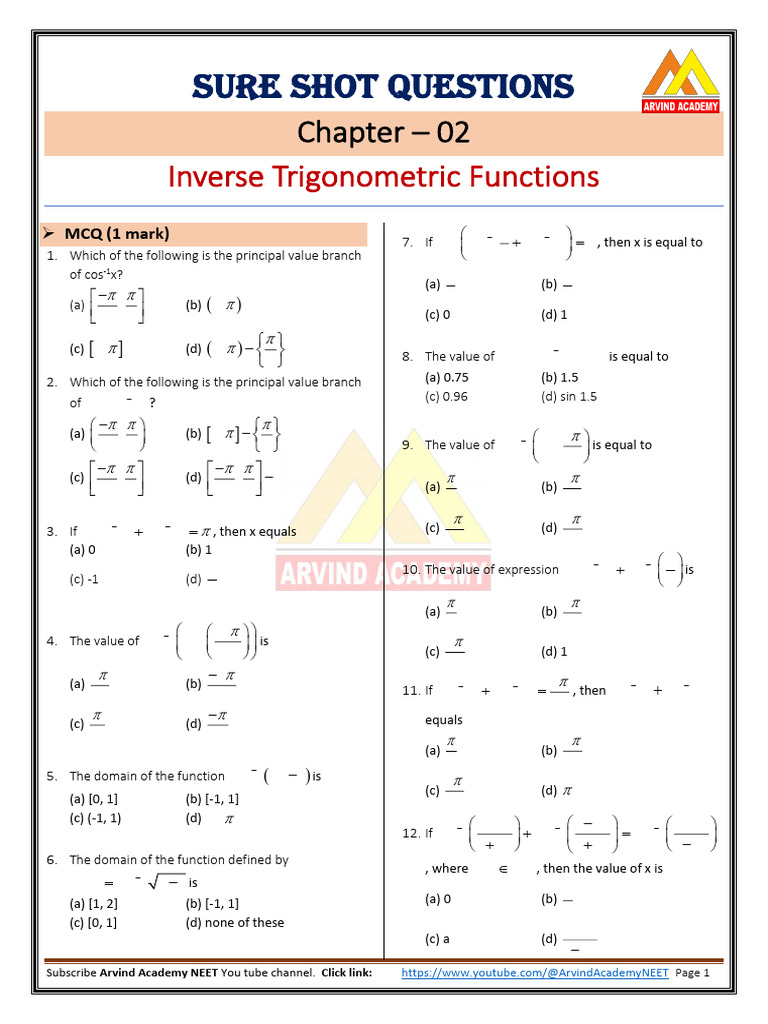 Question Chap 2 Inverse Trigonometric Functions | PDF | Functions And ...