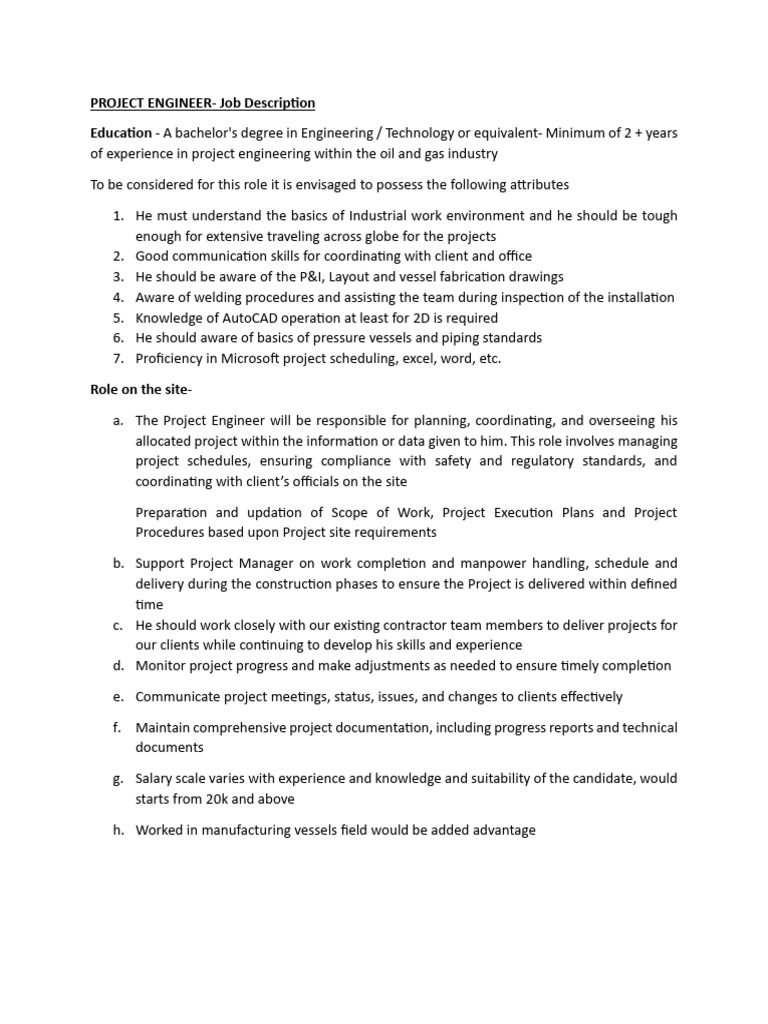 Project Engineer - JD | PDF
