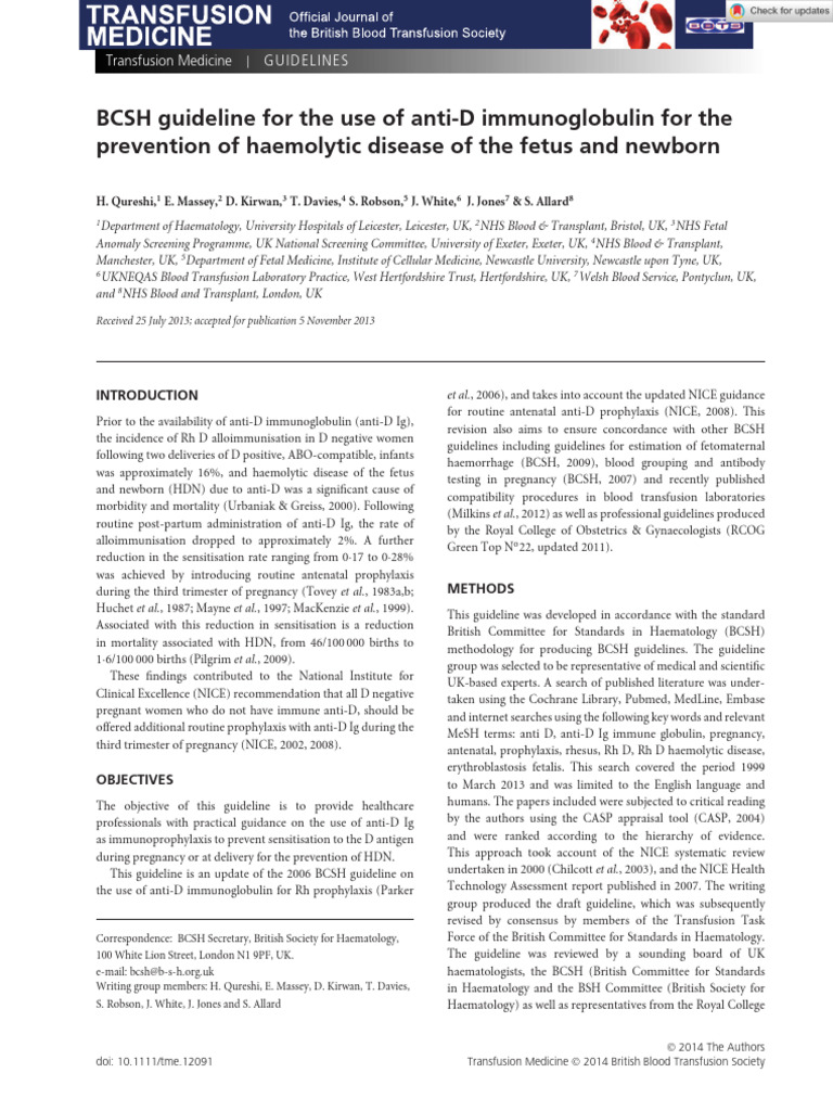 Transfusion Medicine - 2014 - Qureshi - BCSH Guideline For The Use of ...
