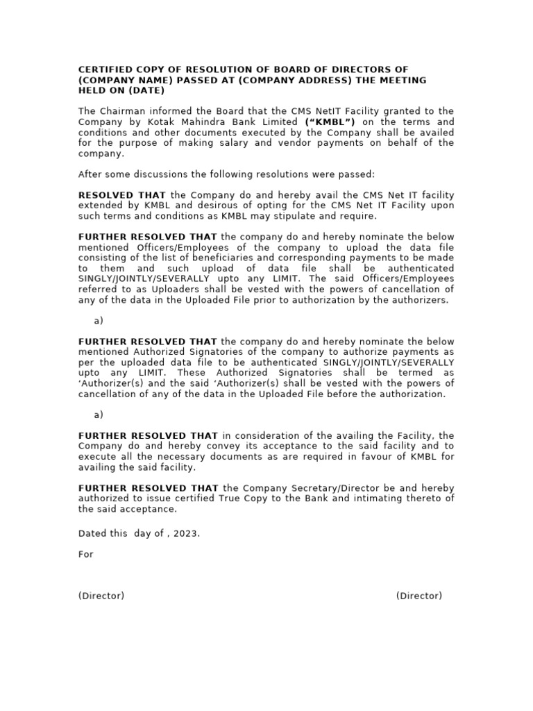Board Resolution - Blank | PDF