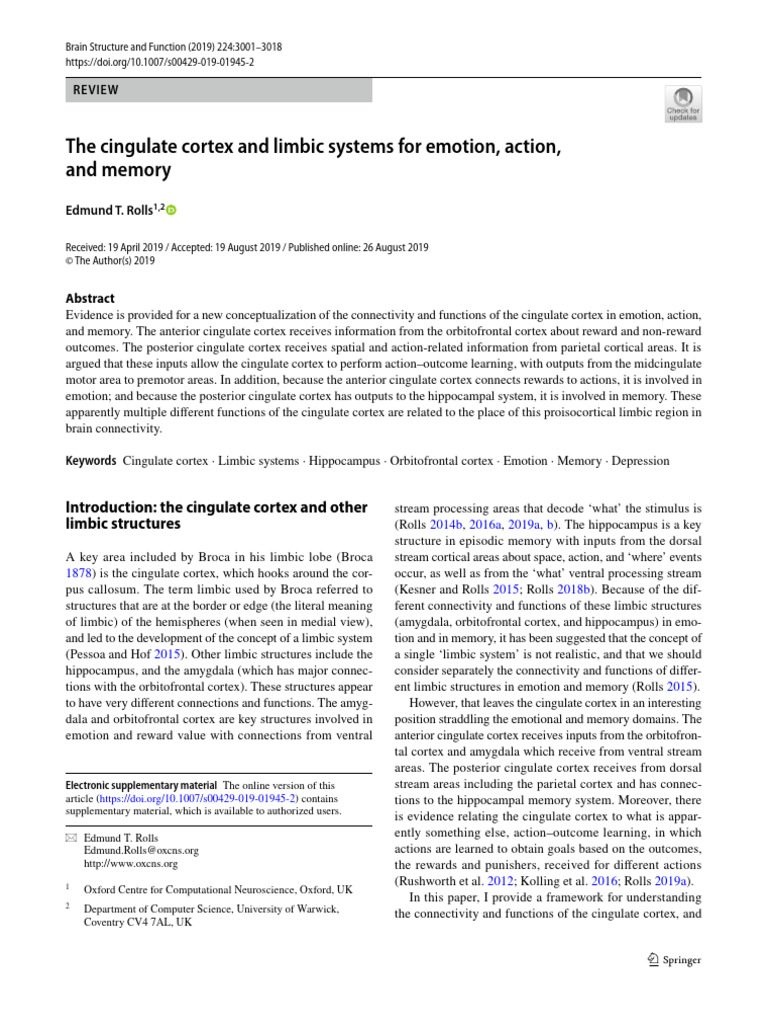 The Cingulate Cortex and Limbic Systems For Emotion, Action, and Memory ...