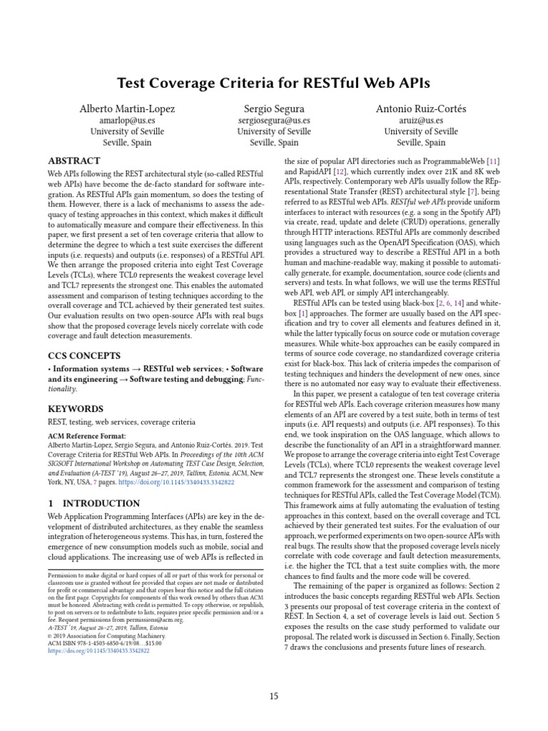 Test Coverage Criteria For RESTful Web APIs | PDF | Parameter (Computer ...