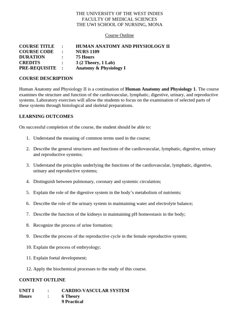 Human Anatomy and Physiology II Course Outline, 2024 | PDF | Human ...