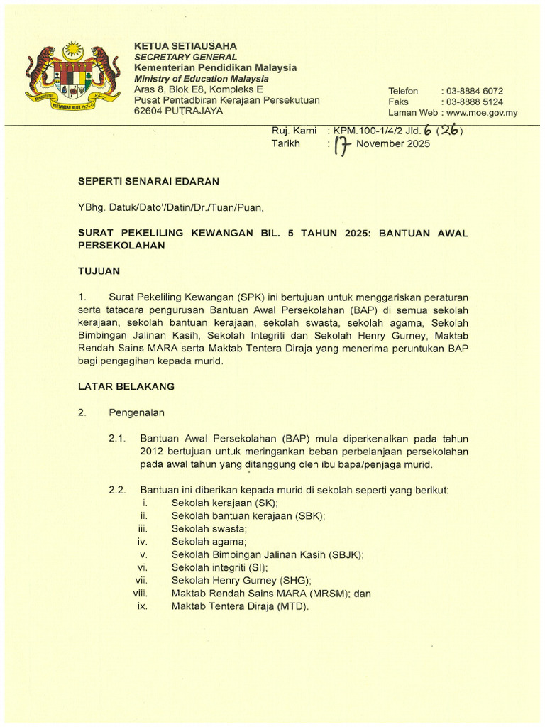 Surat Pekeliling Kewangan Bilangan 5 Tahun 2025 - Bantuan Awal ...