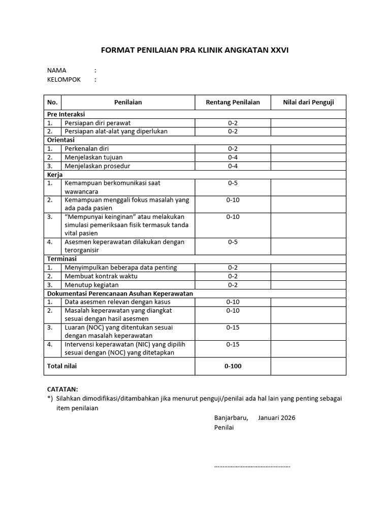Format Penilaian Pra Klinik Angkatan Xxvi | PDF