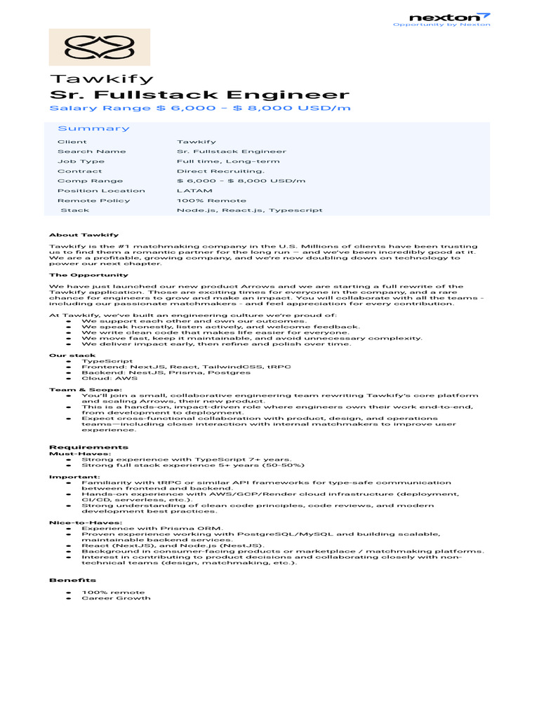 Sr. Fullstack Engineer @Tawkify | PDF | Computing | Information Technology