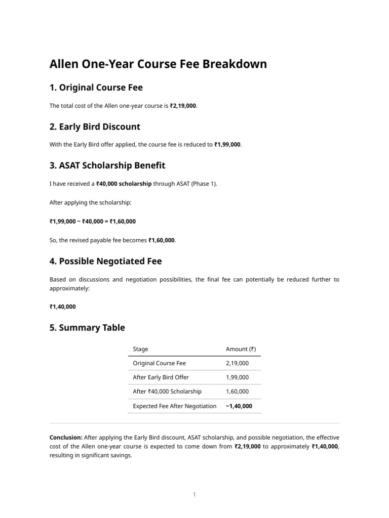 Allen Course Fee Breakdown | PDF