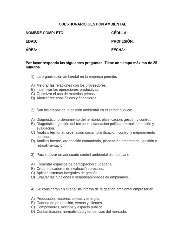 Cuestionario Control Ambiental | PDF | Planificación | Entorno natural