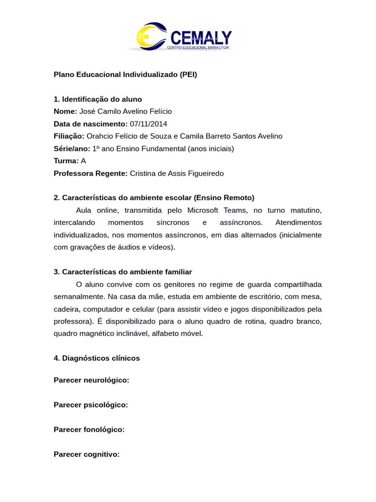 Plano de Ensino Individualizado Camilo | PDF | Pedagogia