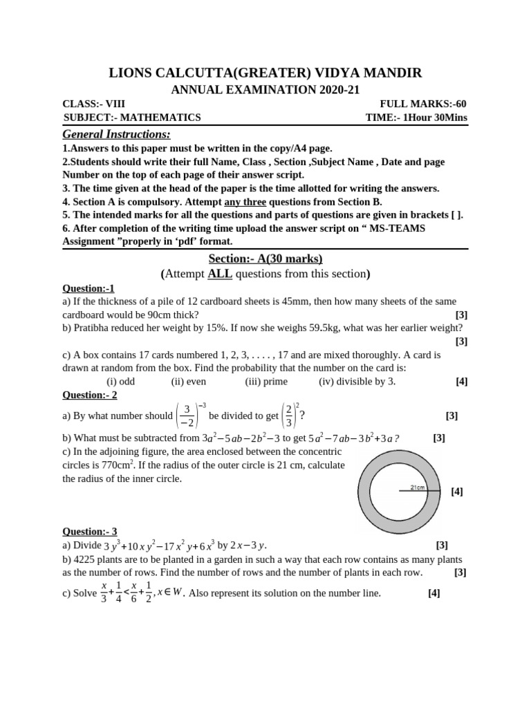 8 Mathematics Annual Question Paper 2020 21 | PDF | Area | Elementary ...