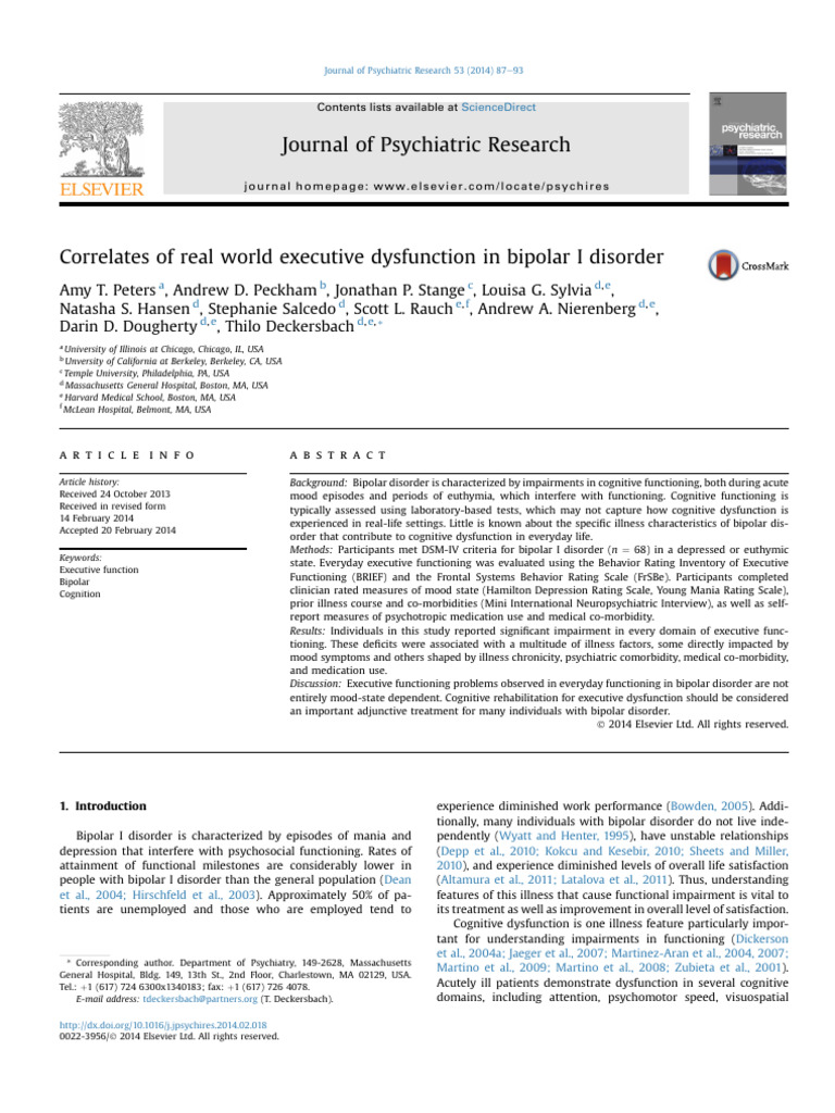 Correlates of Real World Executive Dysfunction in Bipolar I Disorder ...