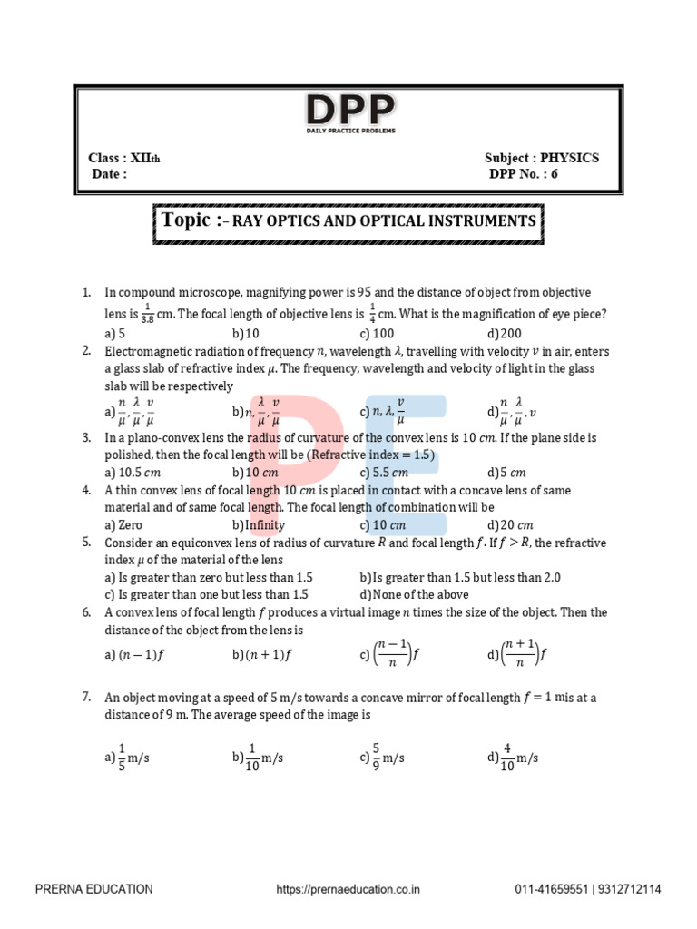 Ray Optics and Optical Instruments DPP 6 | PDF | Optics | Mirror