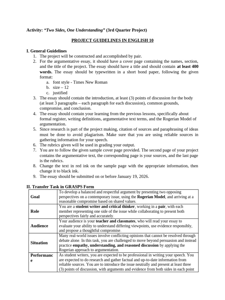 English 3rd Quarter Project Guidelines | PDF | Essays | Argument