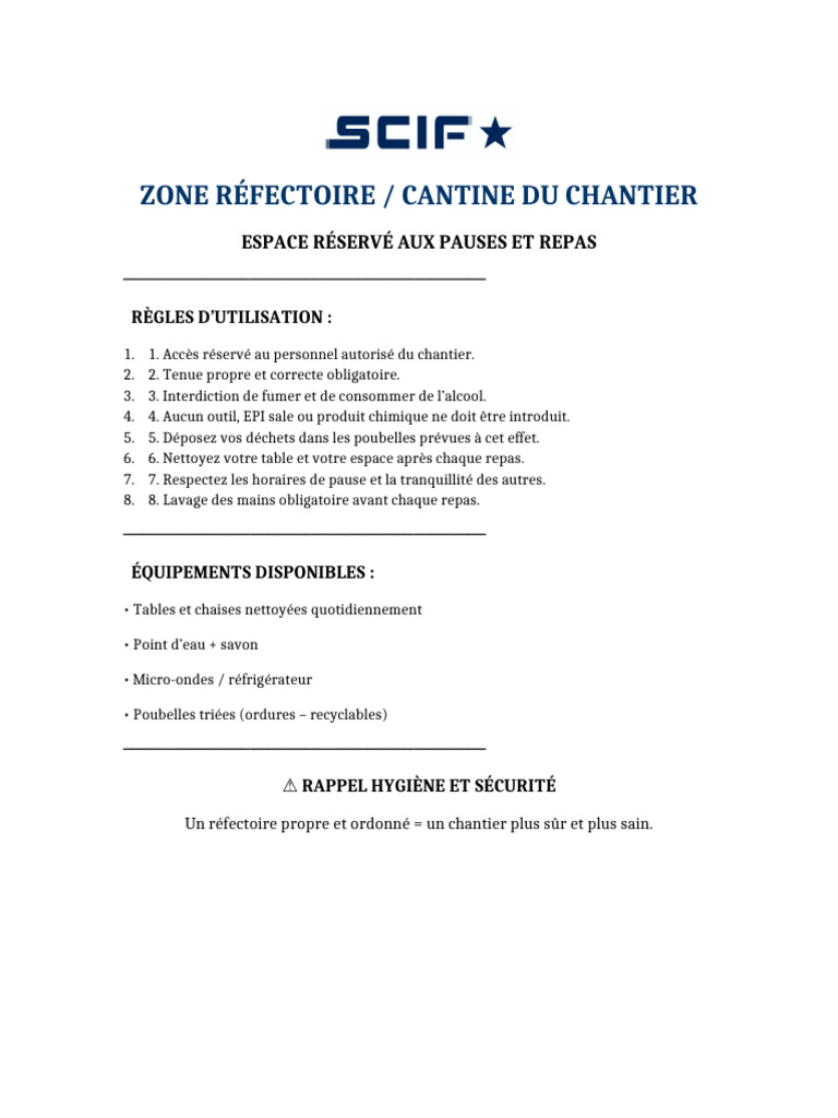 Affichage Reféctoire Chantier SCIF | PDF
