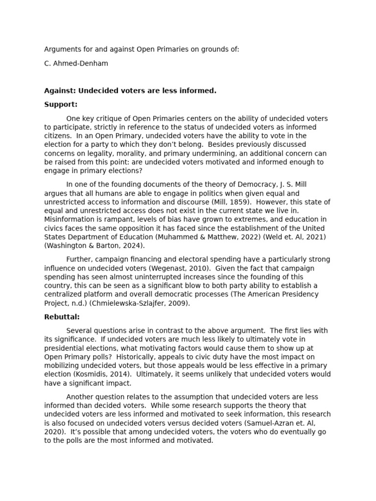 Arguments For and Against Open Primaries C. Ahmed-Denham | PDF | First ...