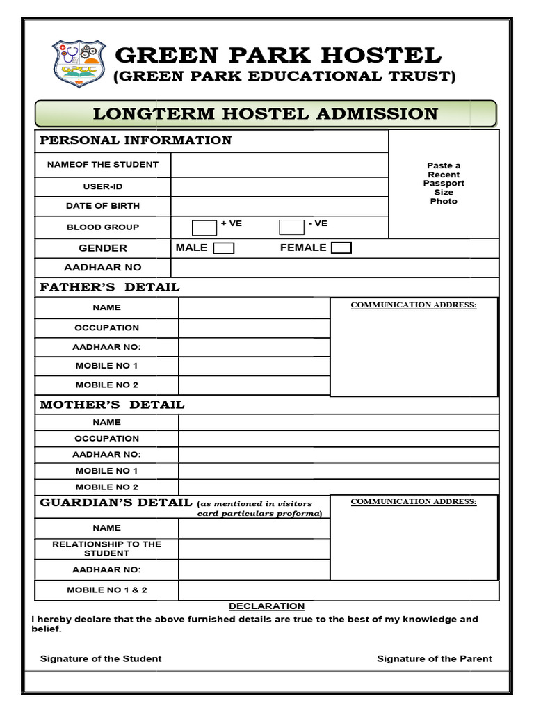 GP Hostel Admission Form - N | PDF