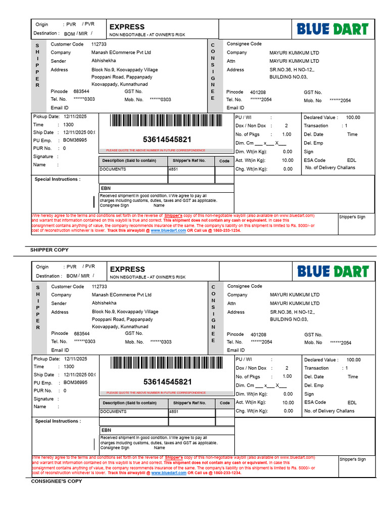 Pickup For Manash - Kochi Dated 12th Nov | PDF | Consignee | Trade