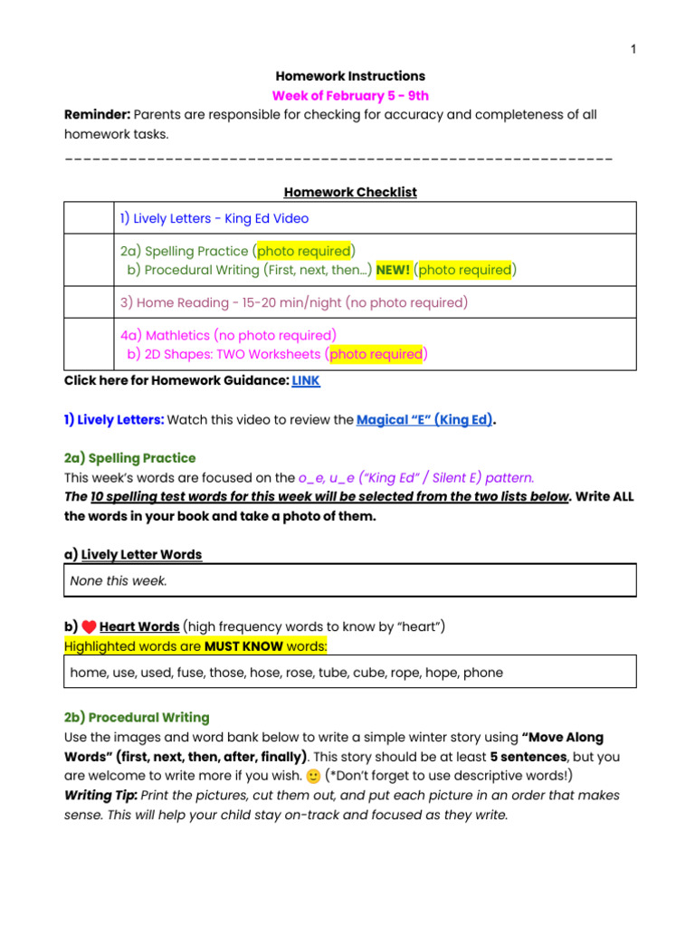 Homework Instructions Feb 5 - 9 | PDF