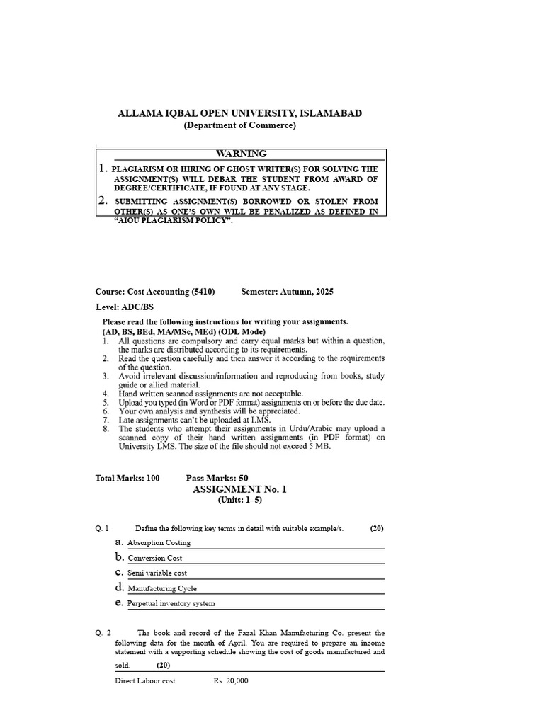 Allama Iqbal Ope U Iversity, Islamabad: (Department of Commerce) | PDF ...