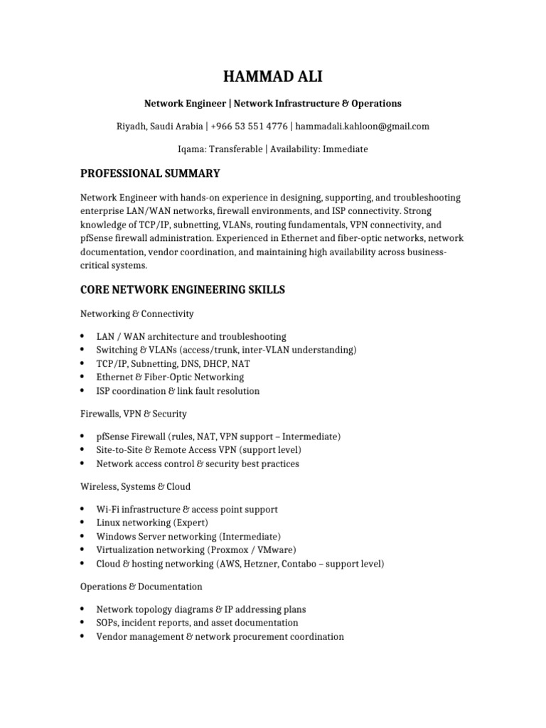 Hammad Ali Network Engineer Saudi ATS | PDF | Computer Network | Local ...