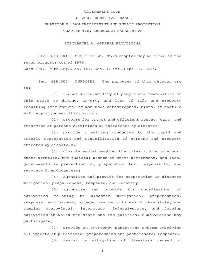 Government Code Chapter 418. Emergency Management | PDF | Emergency ...