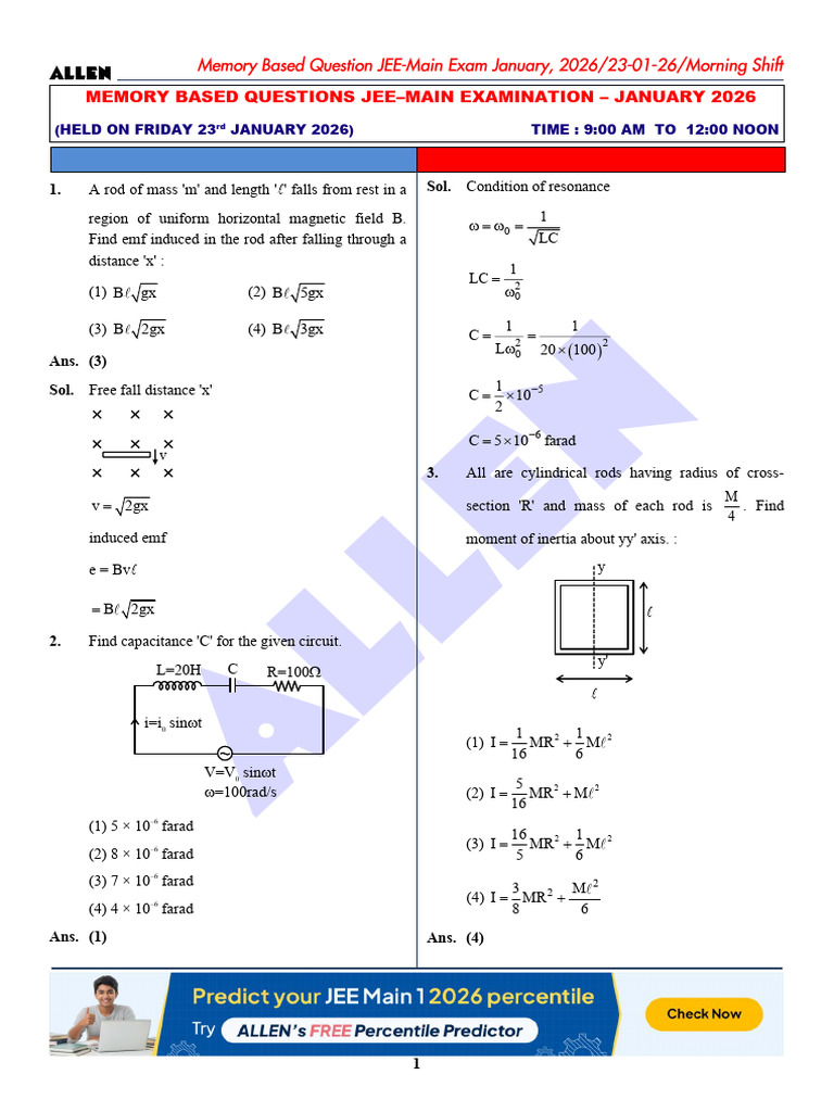 JEE Mains Jan 23 Shift 1 2026 | PDF | Deformation (Engineering) | Young ...