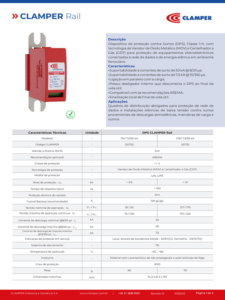 Varistor - Clamper Rail - 175V 7,5-50 KA - 021751 | PDF