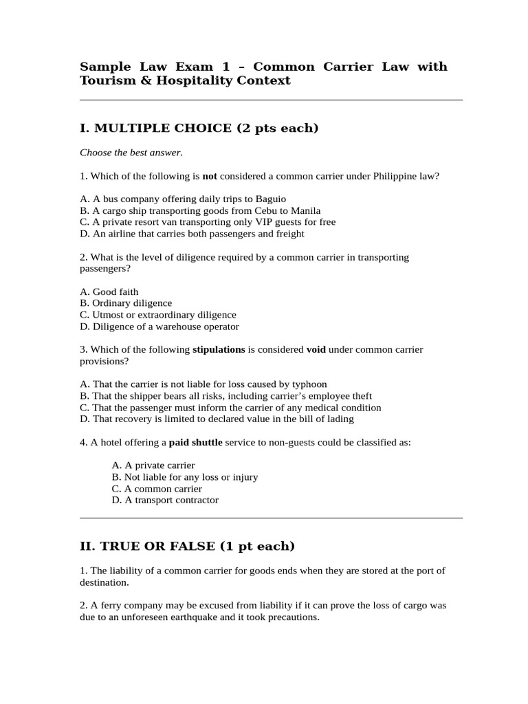 Sample Law Exam 1 - Common Carrier Law With Touris | PDF | Legal ...