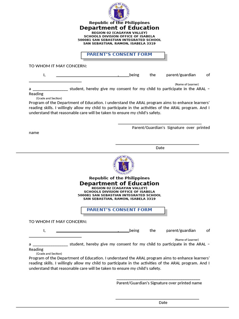 ARAL-Parent-Consent (1) | PDF | Human Life Stages | Human Development