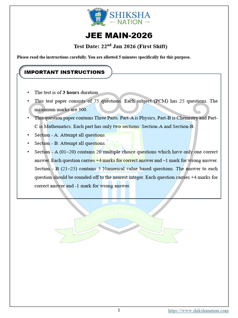 JEE MAIN 2026 Jan 22 First Shift PaperMemory Based | PDF | Chemistry ...