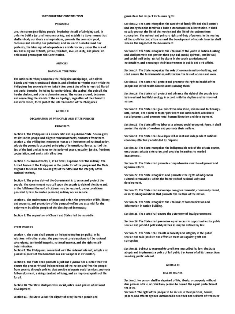 1987 Philippine Constitution Preamble | PDF | United States Congress ...