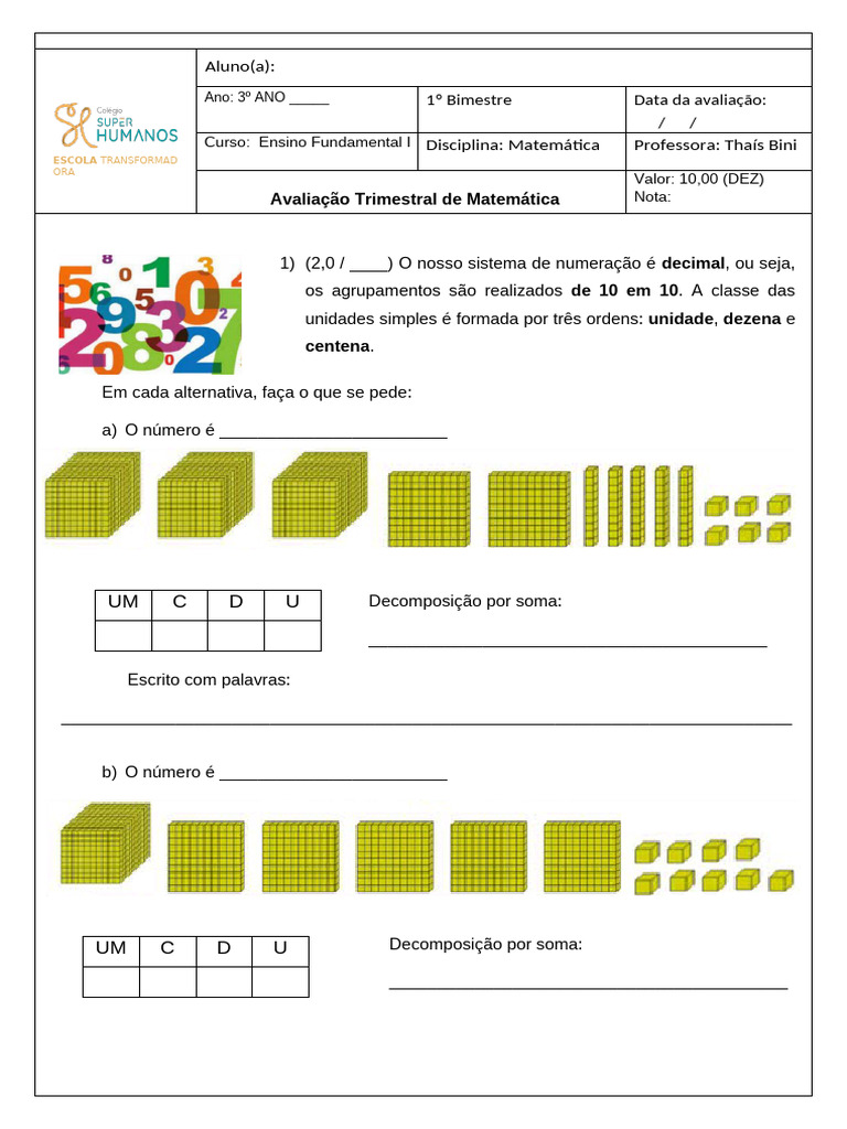 Avaliação de Matemática - Trimestal - 3 Ano - Prô Thaís | PDF ...