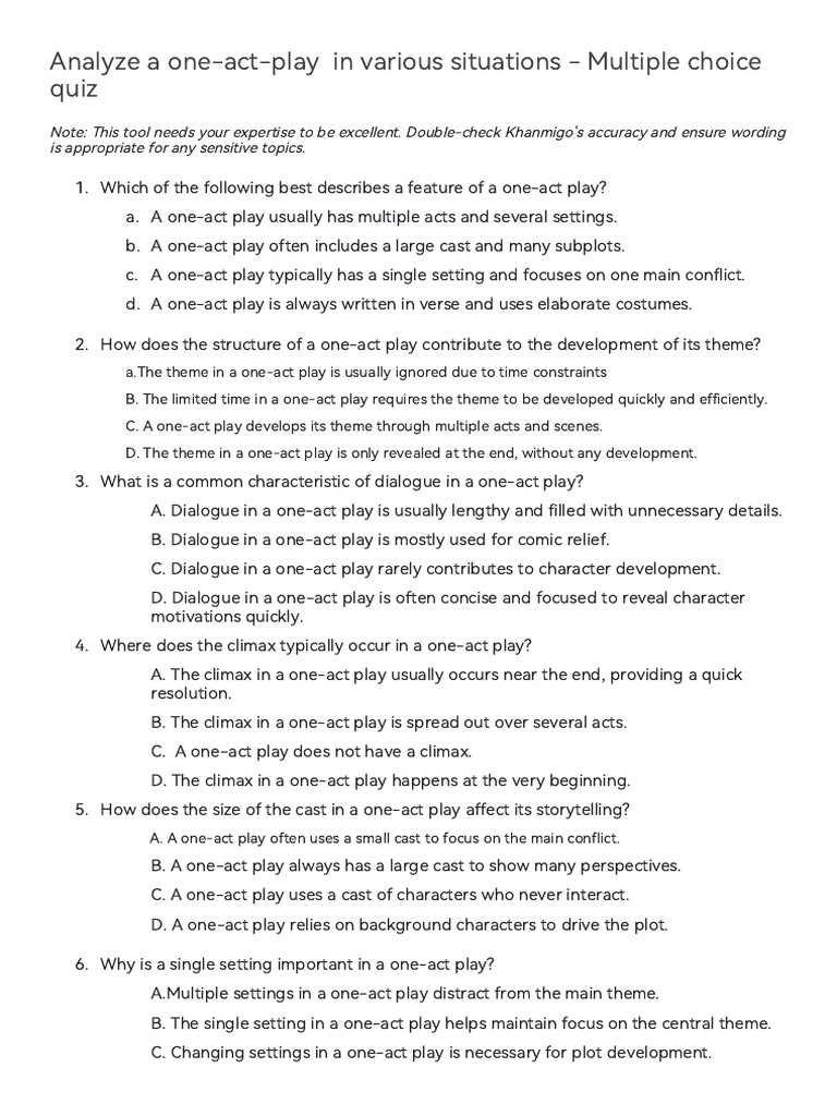 Analyze a One Act Play in Various Situationus Multiple Choice QuizWA ...