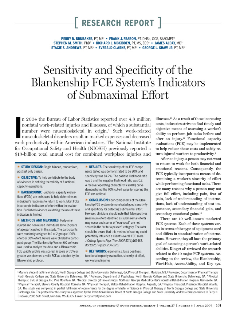 Brubaker Et Al 2007 Sensitivity and Specificity of the Blankenship Fce ...