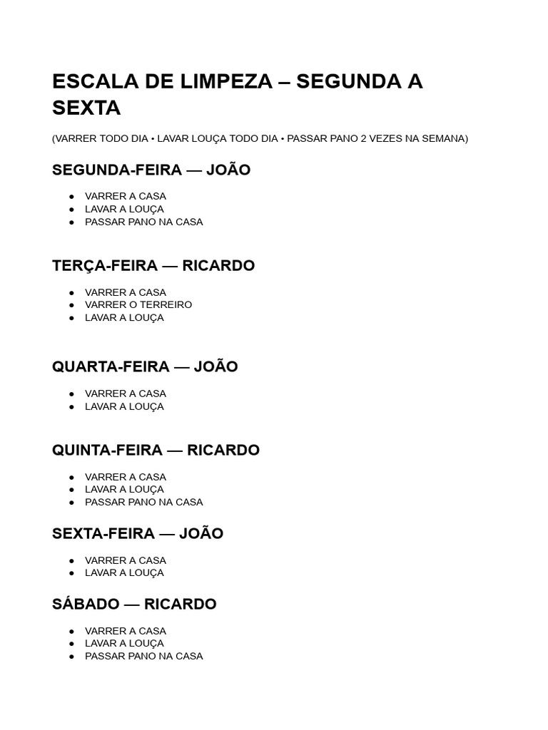 Escala de Limpeza - Segunda A Sexta | PDF