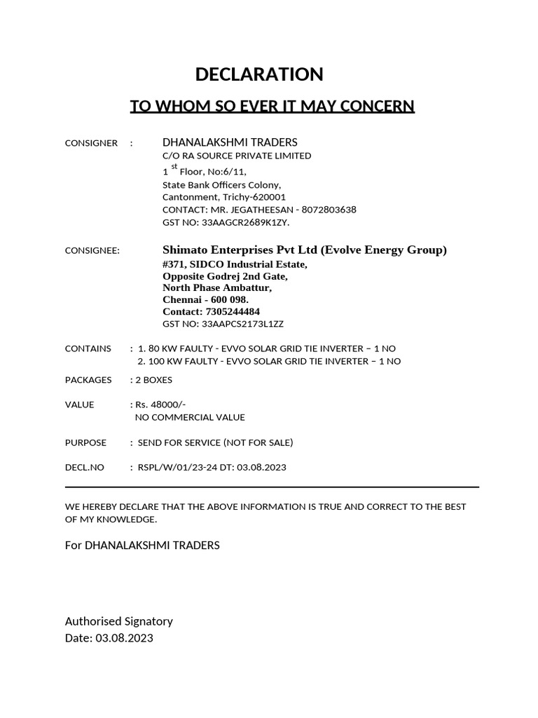 Declaration - Evvo Inverters | PDF