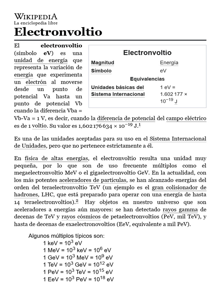 Electronvoltio - Wikipedia, La Enciclopedia Libre | PDF ...