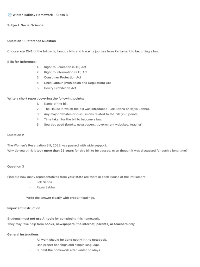 ️ Winter Holiday Homework – Class 8 | PDF
