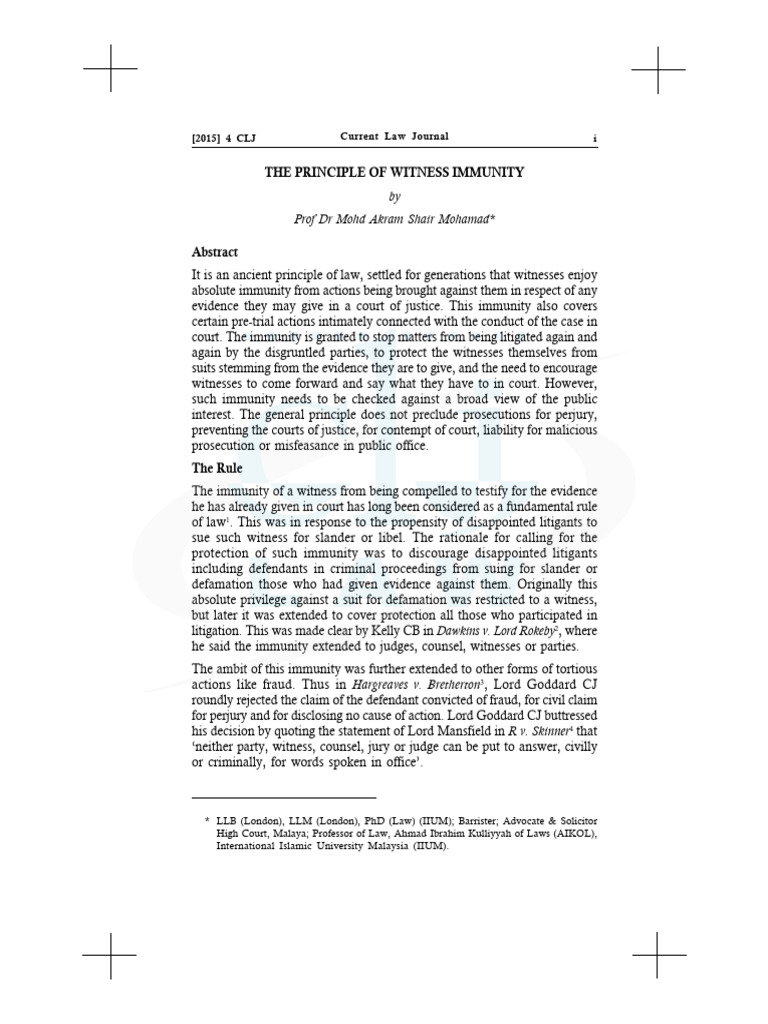 The Principle of Witness Immunity - (2015) 4CLJ (A) I | PDF ...