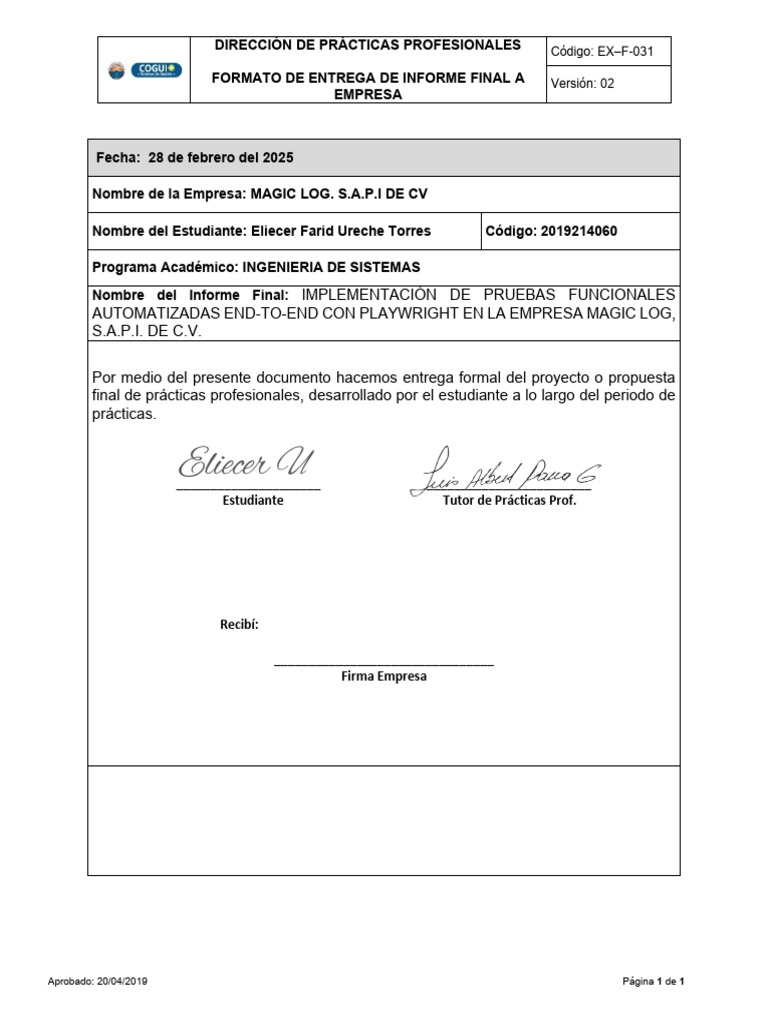EX-F31 Formato de Entrega de Informe A La Empresa v2 | PDF