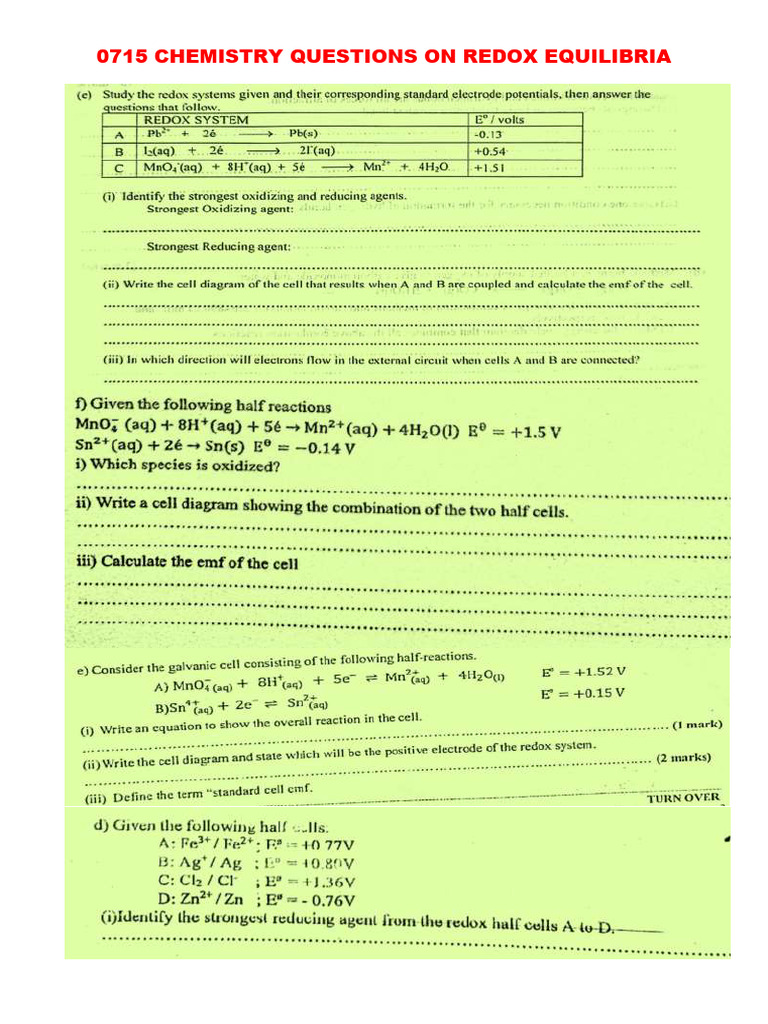 Redox Equilibria Questions | PDF