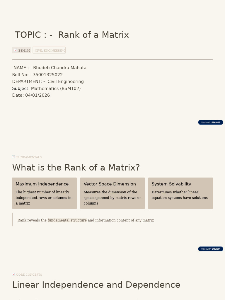 TOPIC Rank of A Matrix | PDF | Matrix (Mathematics) | Vector Space