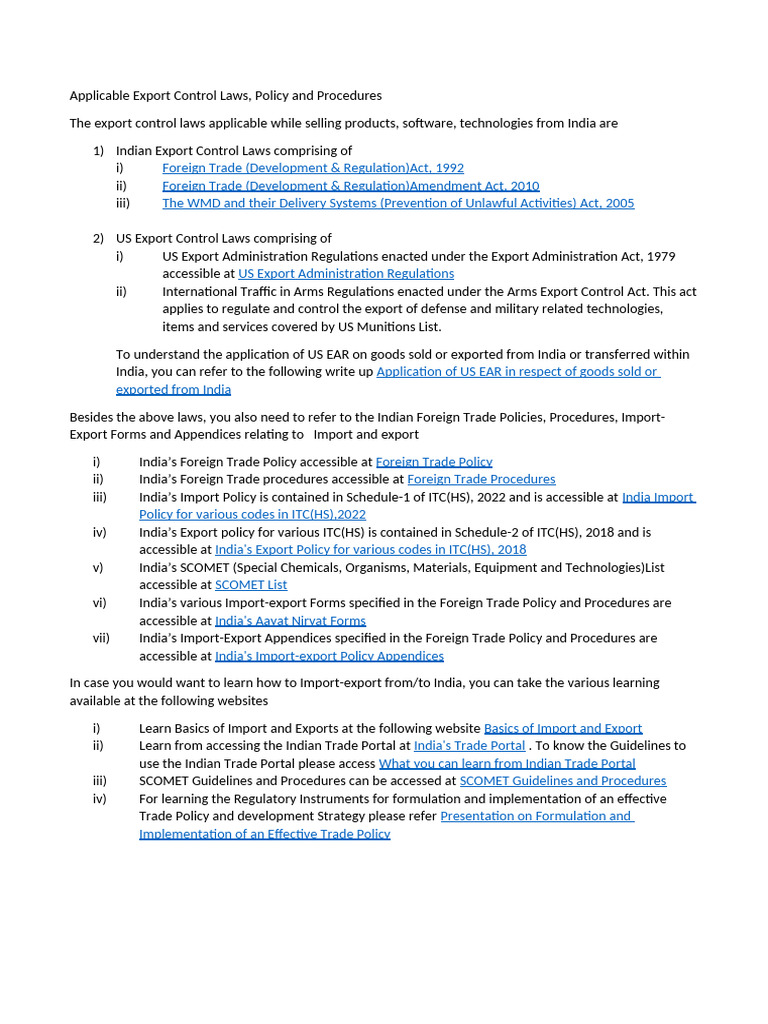 Applicable Laws Relating To Export Control | PDF