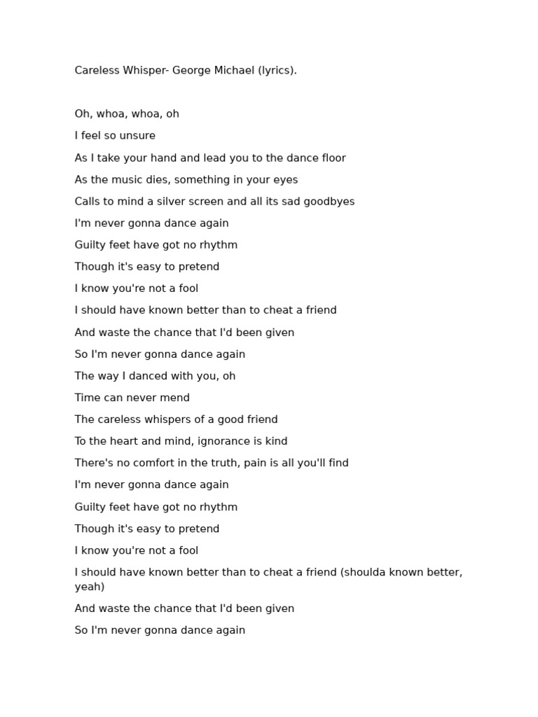 Careless Whisper - George Michael (Lyrics) | PDF